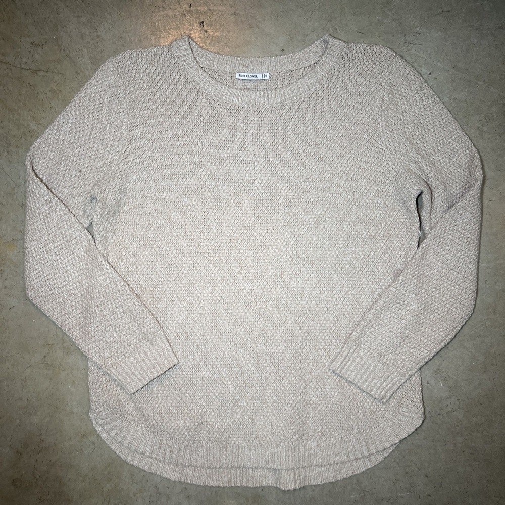 Pink Clover Womens Crew Neck Knit Sweater Beige Waffle Texture Pullover XL
